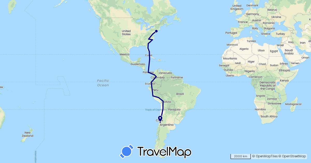 TravelMap itinerary: driving in Bolivia, Chile, Colombia, Ecuador, Cayman Islands, Panama, Peru, United States (North America, South America)
